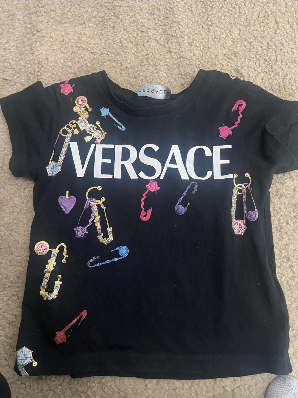 Versace Designer Shirt Girls Kids Black Tee with Multicolor Safety Pin Motifs